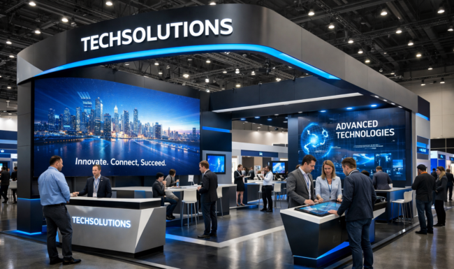 Custom-built exhibition stand with LED screens, modern open design, and visitors interacting at a professional trade