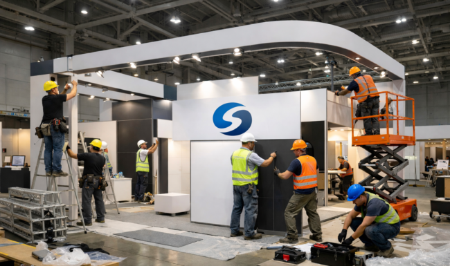 Professional team installing an exhibition stand inside a large expo hall, assembling walls, lighting, and branding panels with safety helmets and organized workflow.