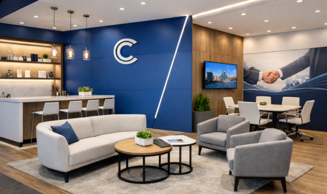 Interior fit-out inside a modern exhibition stand with custom furniture, integrated lighting, premium finishes, and a blue and neutral corporate color palette.