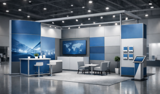 Modular exhibition stand system with reusable panels, flexible layout, and modern corporate design in blue and grey tones