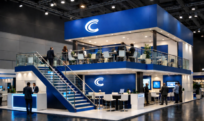 Two-story luxury exhibition stand with staircase, upper-level meeting area, glass railings, illuminated branding, and modern corporate design in a blue and white color scheme.